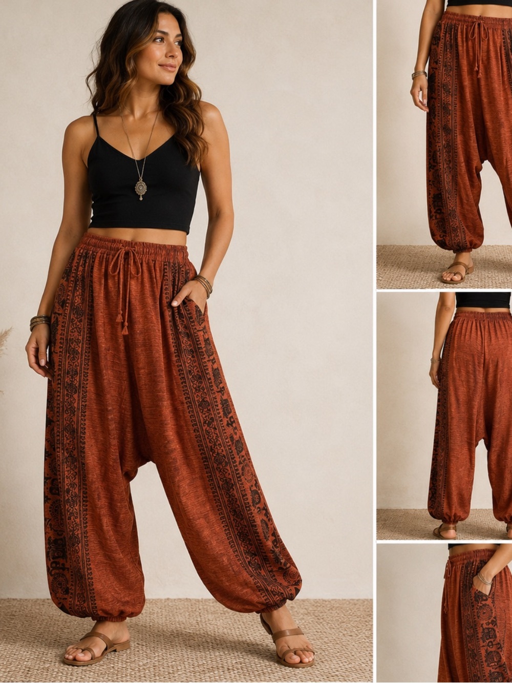 Barrel balloons Rust Orange Boho Harem Pants with Printed Side Panels size M